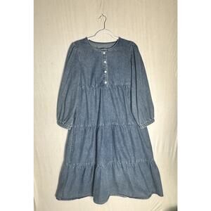 Blue Denim Womens Tiered Prairie Dress Puff Sleeve Cottagecore Peasant Boho Sz L